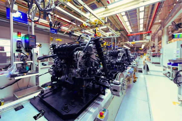 Automobile industry factory floor with detailed view of engine assembly, highlighting innovative manufacturing techniques.