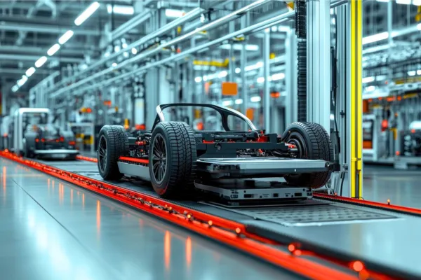 Electric vehicle production in the automobile industry, highlighting cutting-edge assembly line technology and efficient design.