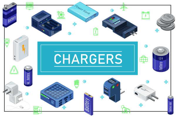 Different kinds of batteries and charging devices, showcasing a range of power battery solutions.