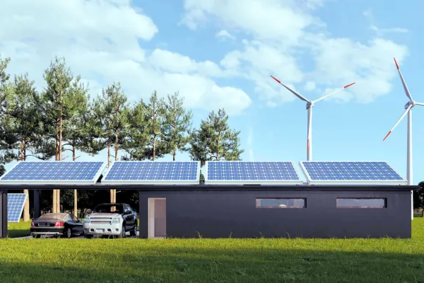 Photovoltaic industry advancements showcasing a home with solar panels and wind turbines for clean energy