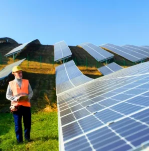 Engineer inspecting large solar panel installation, reflecting photovoltaic industry advancements in renewable energy