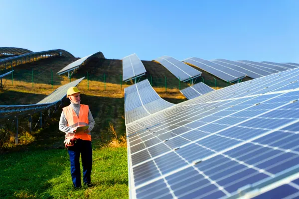 Engineer inspecting large solar panel installation, reflecting photovoltaic industry advancements in renewable energy