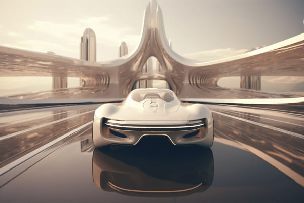 Concept car on a futuristic roadway, representing the potential of power battery solutions in automotive innovation.